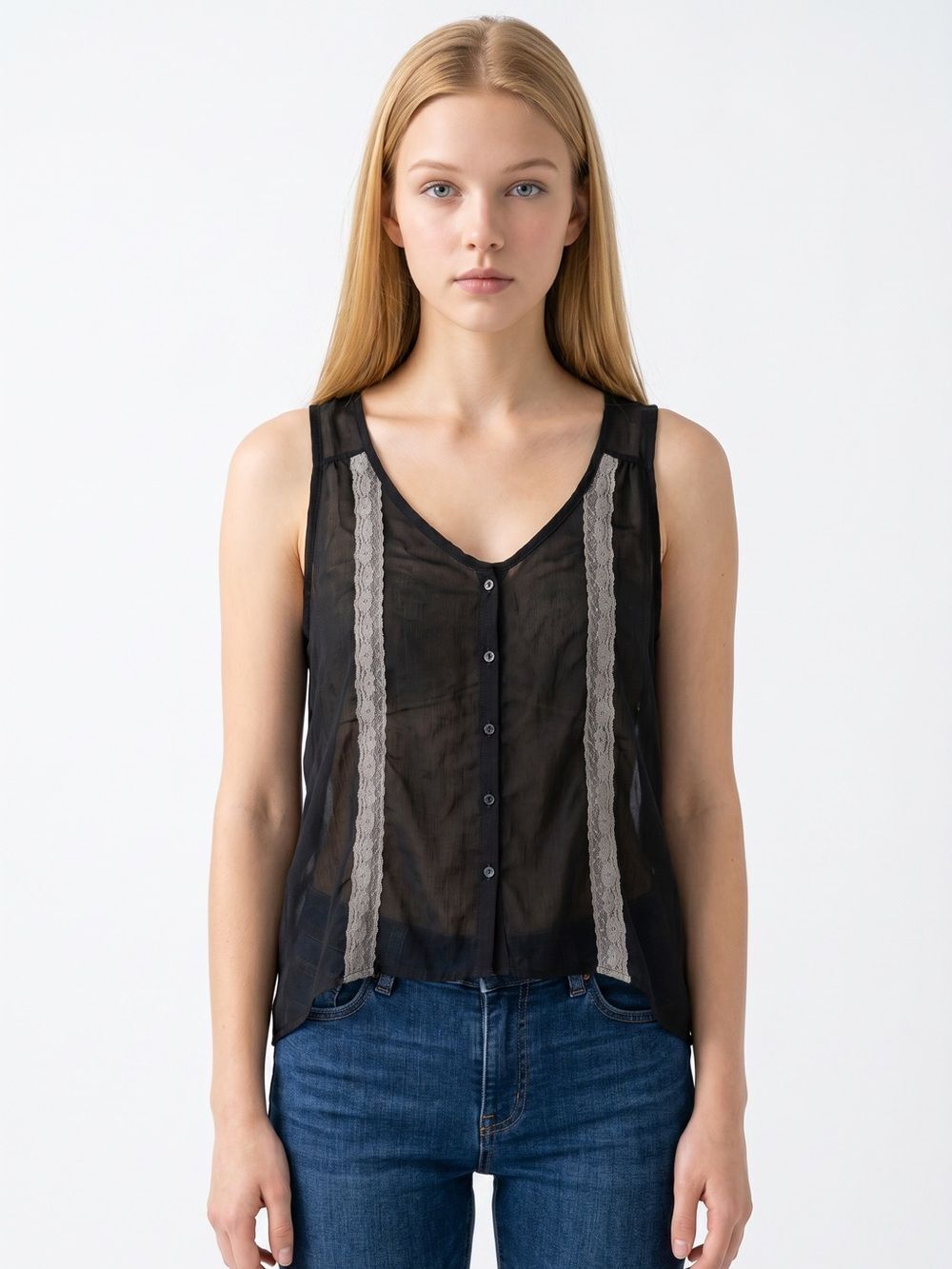 LOVE SQUARED | Sheer Button Front Tank Top Black